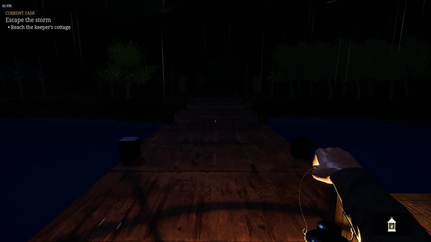 Rain-soaked pier in Lighthouse Keeper